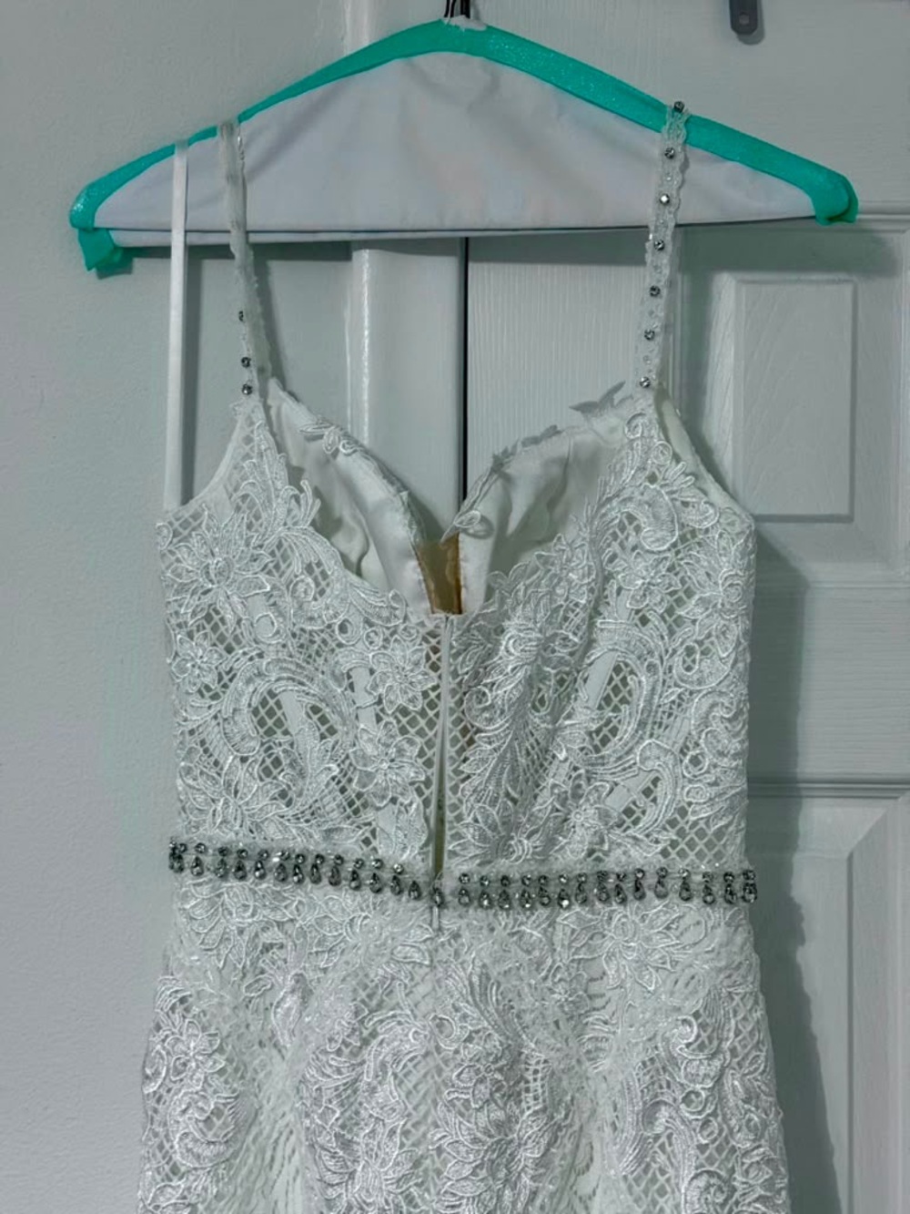 Mac Duggal White Lace Beaded Spaghetti Strap Wedding Dress